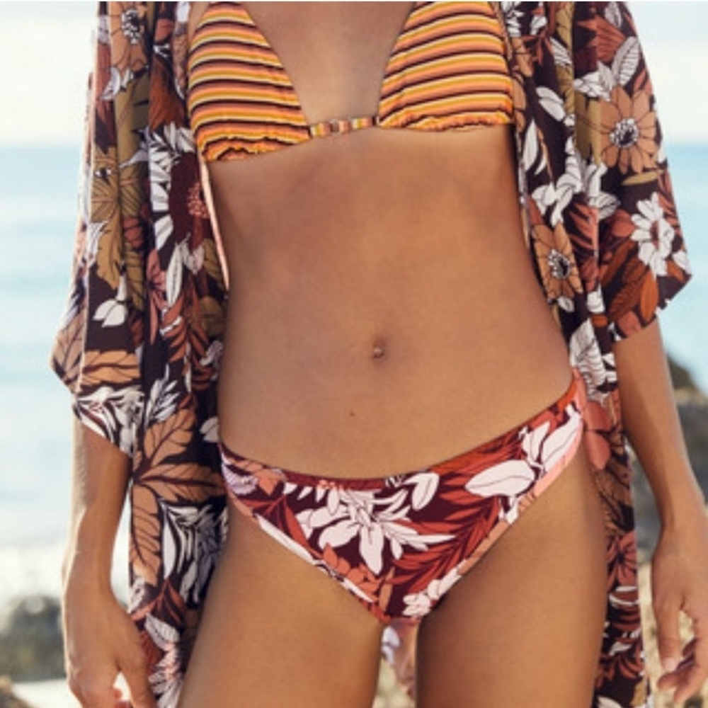 aerie White Brown-Orange Boho Tropical Floral Print Bikini Bottoms Size XL
